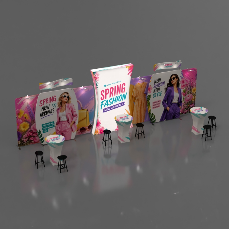 10x30 flexible trade show booth with backlit curved panel and header