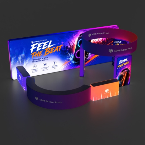20x30 backlit trade show booth with hanging banner and curved counter
