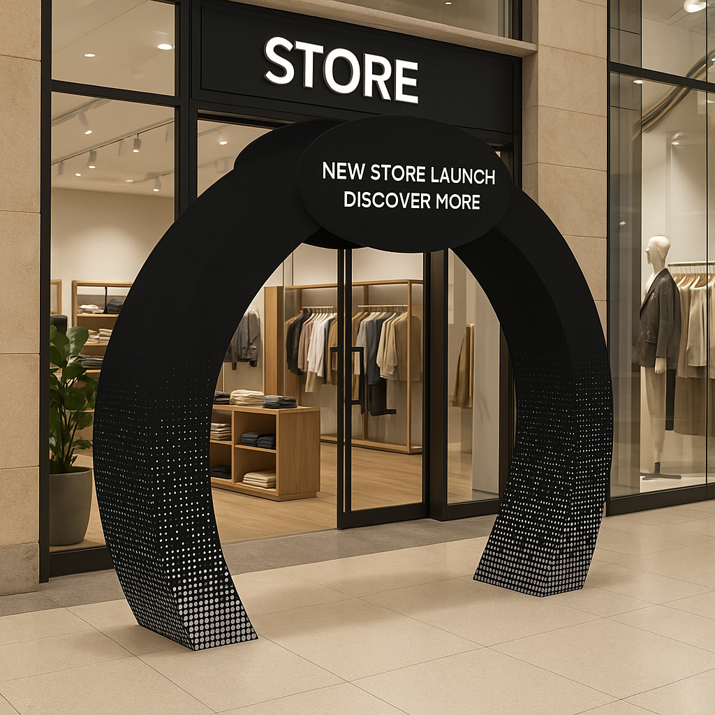 new store launch archway display clothing shop indoor