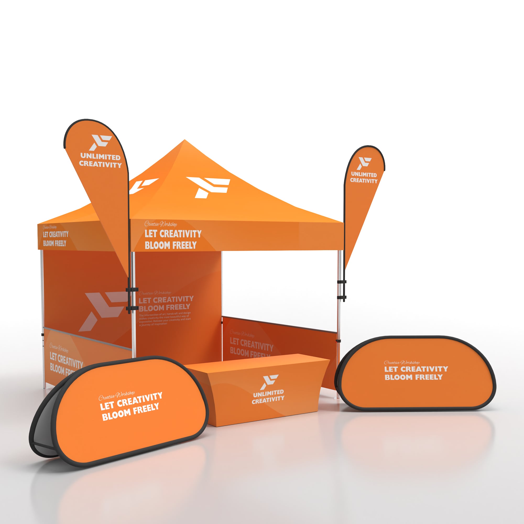 10x10 canopy tent with flags and banners