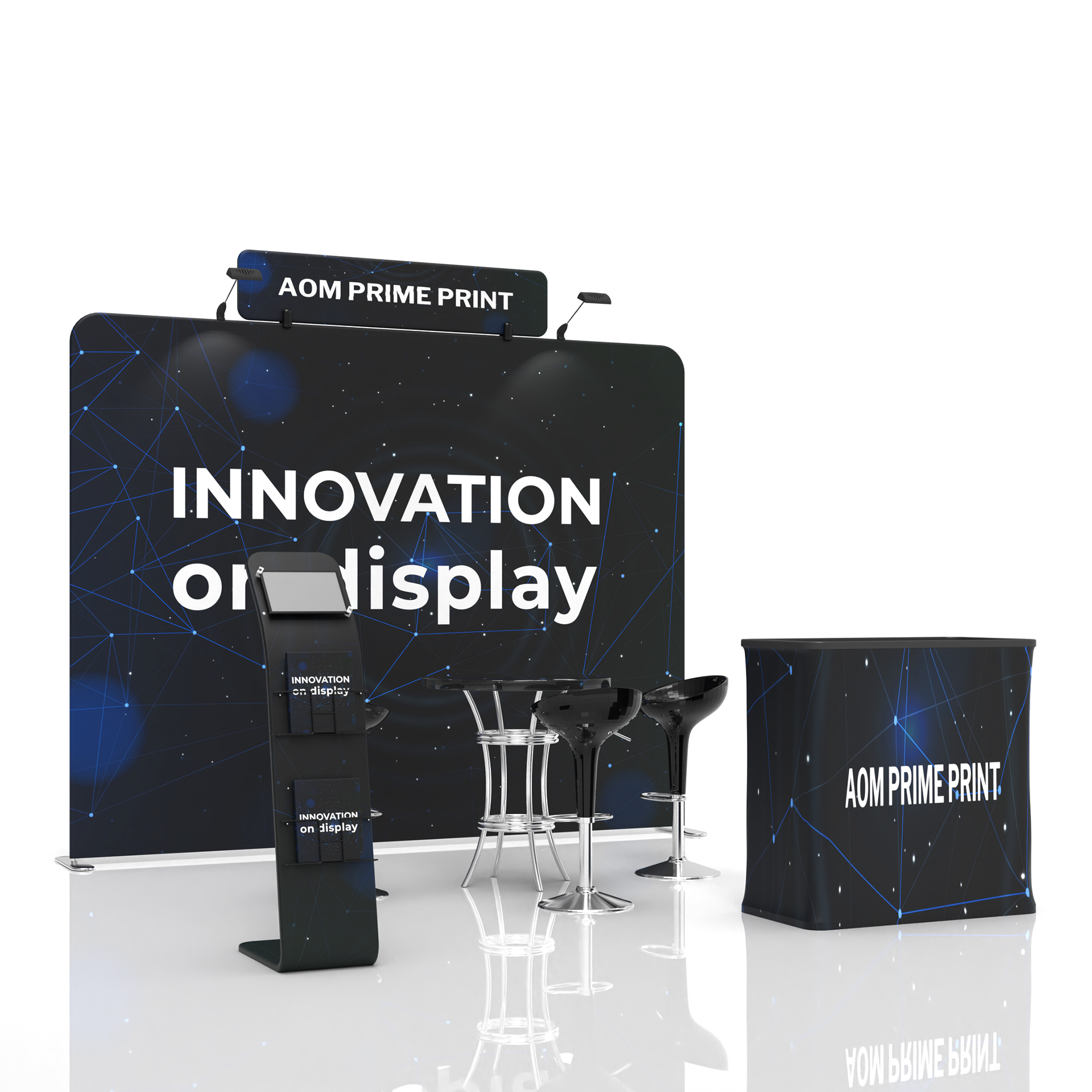 10x10 Curved Trade Show Booth with Fabric Backwall and Podium