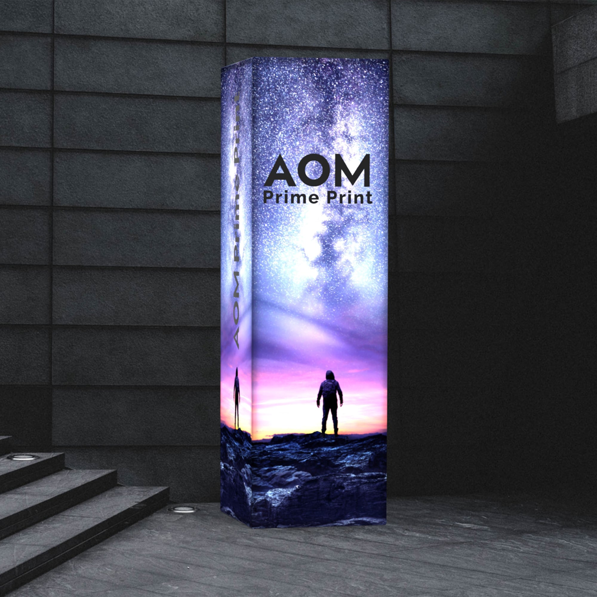 square backlit display tower in an event setting